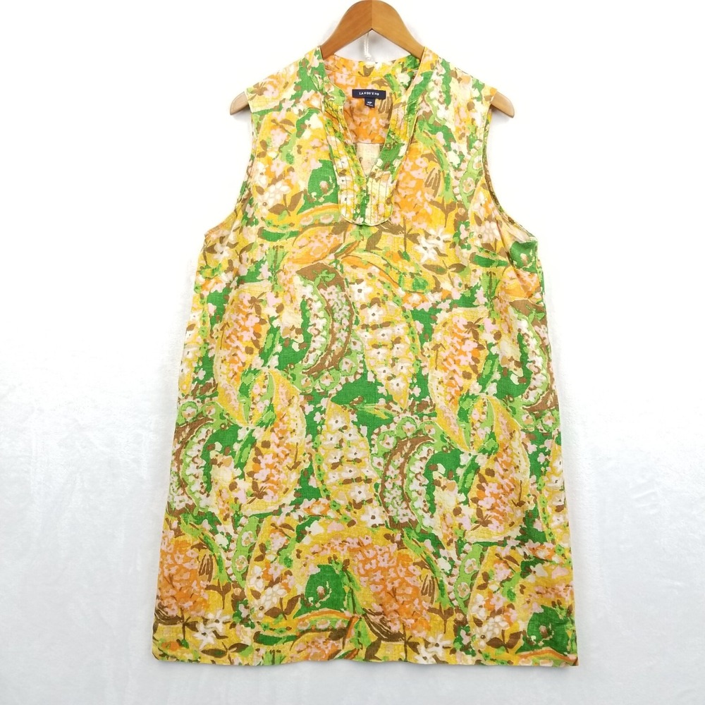 Lands End Dress Women 16P Multicolor Floral 100% Linen Shift Sleeveless V Neck